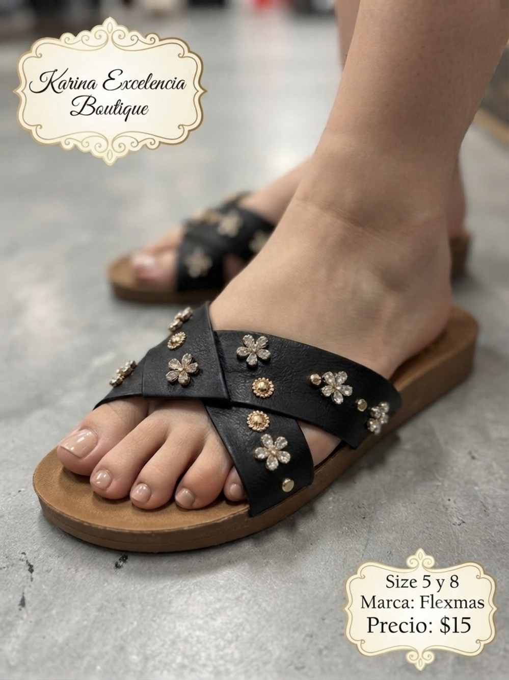 Black Floral Embellished Cross‑Strap Slide Sandals